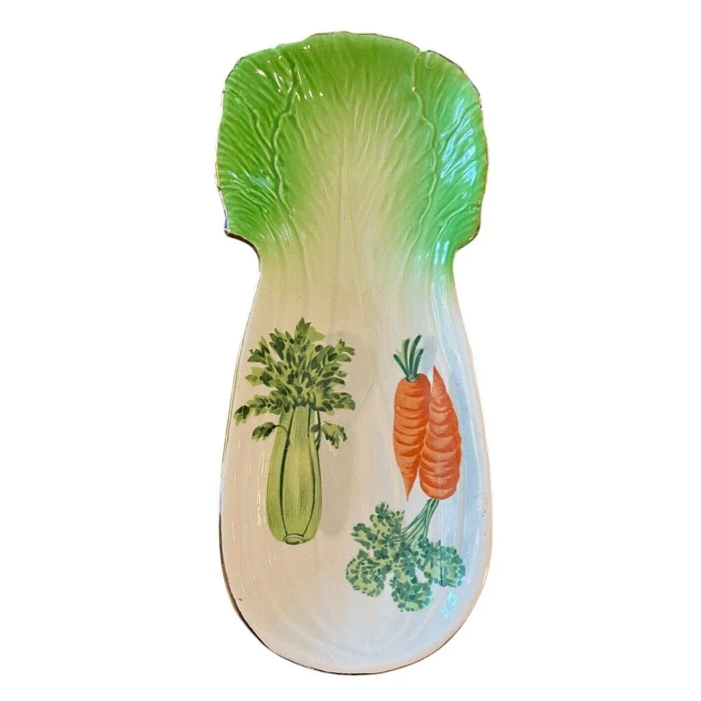 Unique Farmhouse Kitchen Style Vintage Celery Shaped Ceramic Spoon Rest / Tray